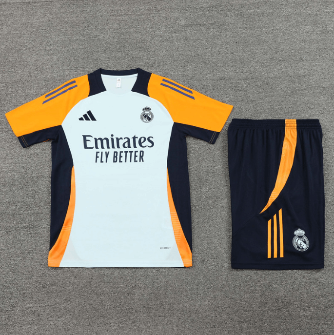 Conjunto Real Madrid Treino Bermuda e Camisa Laranja/Azul 2024/25