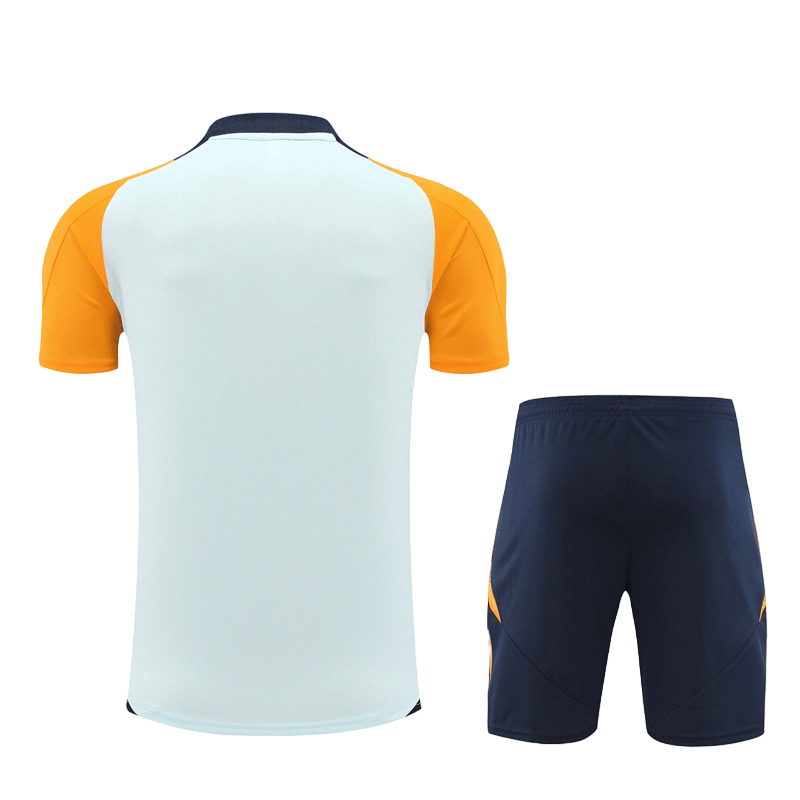 Conjunto Real Madrid Treino Bermuda e Camisa Laranja/Azul 2024/25