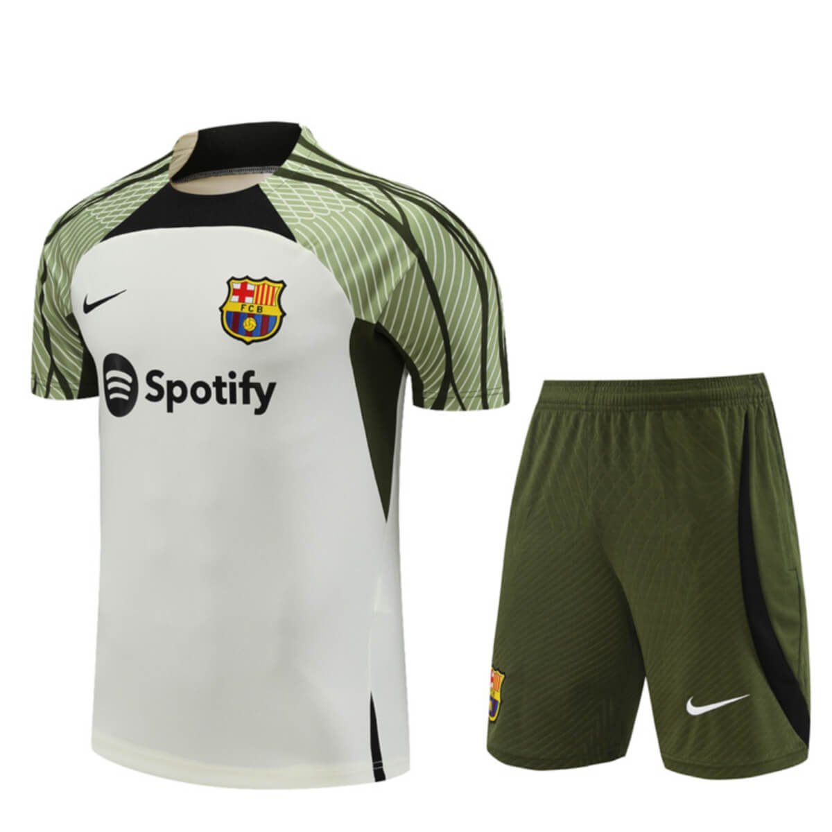 Conjunto Barcelona Treino Camisa e Short Branco/Musgo 2023/24