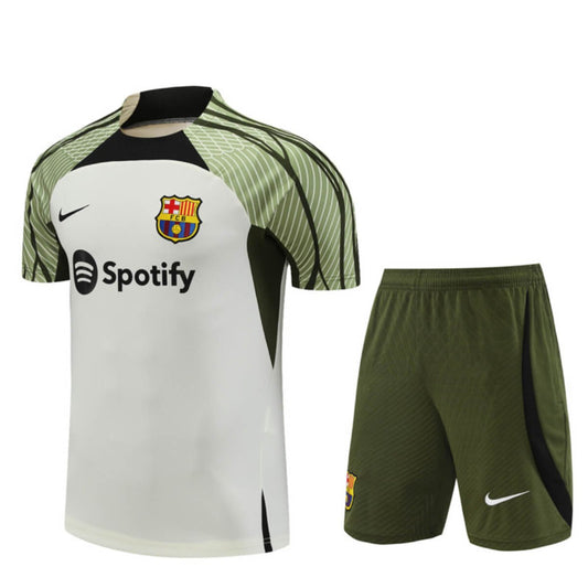 Conjunto Barcelona Treino Camisa e Short Branco/Musgo 2023/24